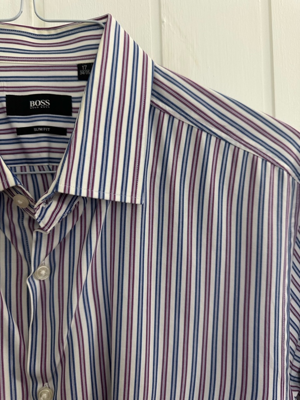 Hugo Boss Men’s Slim Fit Dress Shirt with Blue & Purple Stripes - 17 34/35